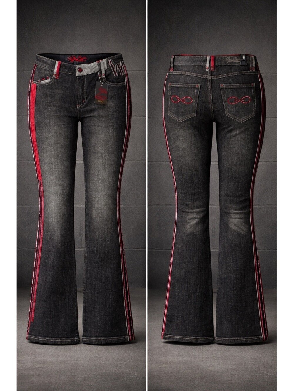 Lady Enyce Y2K Low Rise Flare Jeans Women’s Black Red Satin Trim Deadstock NWT